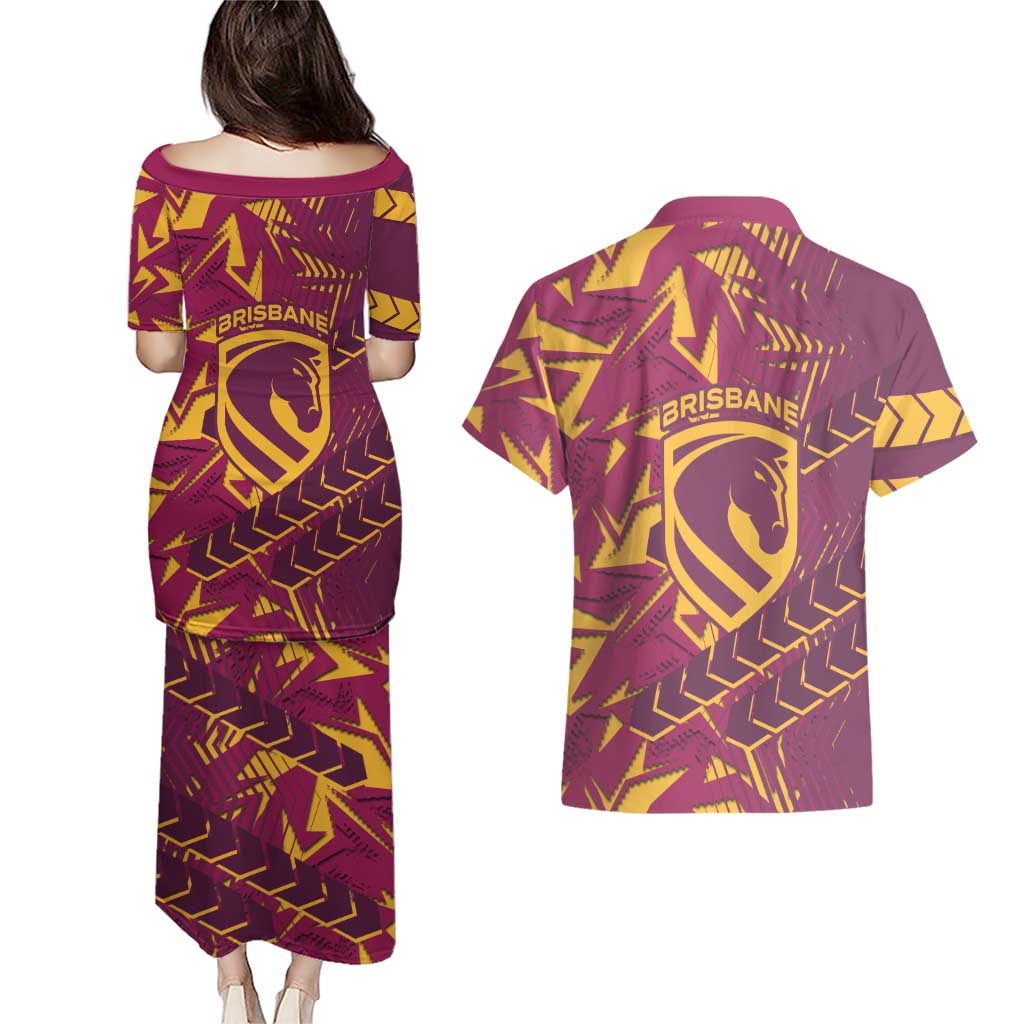 Brisbane Broncos Rugby Couples Matching Puletasi and Hawaiian Shirt Fierce Mascot Geometric Tribal Art
