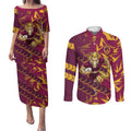 Brisbane Broncos Rugby Couples Matching Puletasi and Long Sleeve Button Shirt Fierce Mascot Geometric Tribal Art