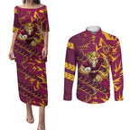 Brisbane Broncos Rugby Couples Matching Puletasi and Long Sleeve Button Shirt Fierce Mascot Geometric Tribal Art