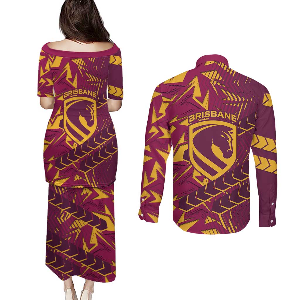 Brisbane Broncos Rugby Couples Matching Puletasi and Long Sleeve Button Shirt Fierce Mascot Geometric Tribal Art