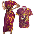 Brisbane Broncos Rugby Couples Matching Short Sleeve Bodycon Dress and Hawaiian Shirt Fierce Mascot Geometric Tribal Art