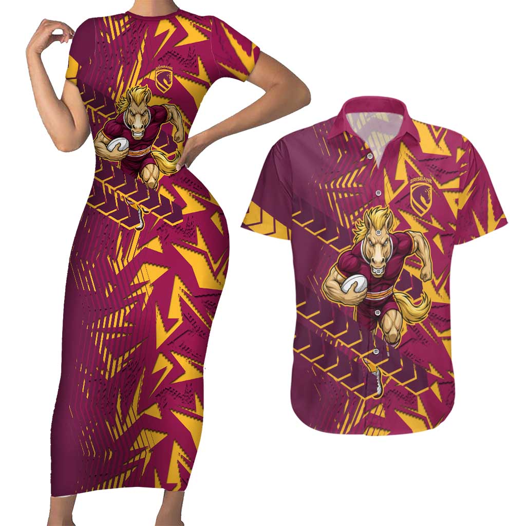 Brisbane Broncos Rugby Couples Matching Short Sleeve Bodycon Dress and Hawaiian Shirt Fierce Mascot Geometric Tribal Art