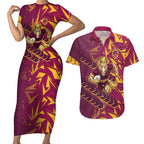 Brisbane Broncos Rugby Couples Matching Short Sleeve Bodycon Dress and Hawaiian Shirt Fierce Mascot Geometric Tribal Art