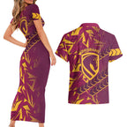 Brisbane Broncos Rugby Couples Matching Short Sleeve Bodycon Dress and Hawaiian Shirt Fierce Mascot Geometric Tribal Art