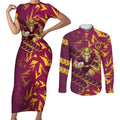 Brisbane Broncos Rugby Couples Matching Short Sleeve Bodycon Dress and Long Sleeve Button Shirt Fierce Mascot Geometric Tribal Art