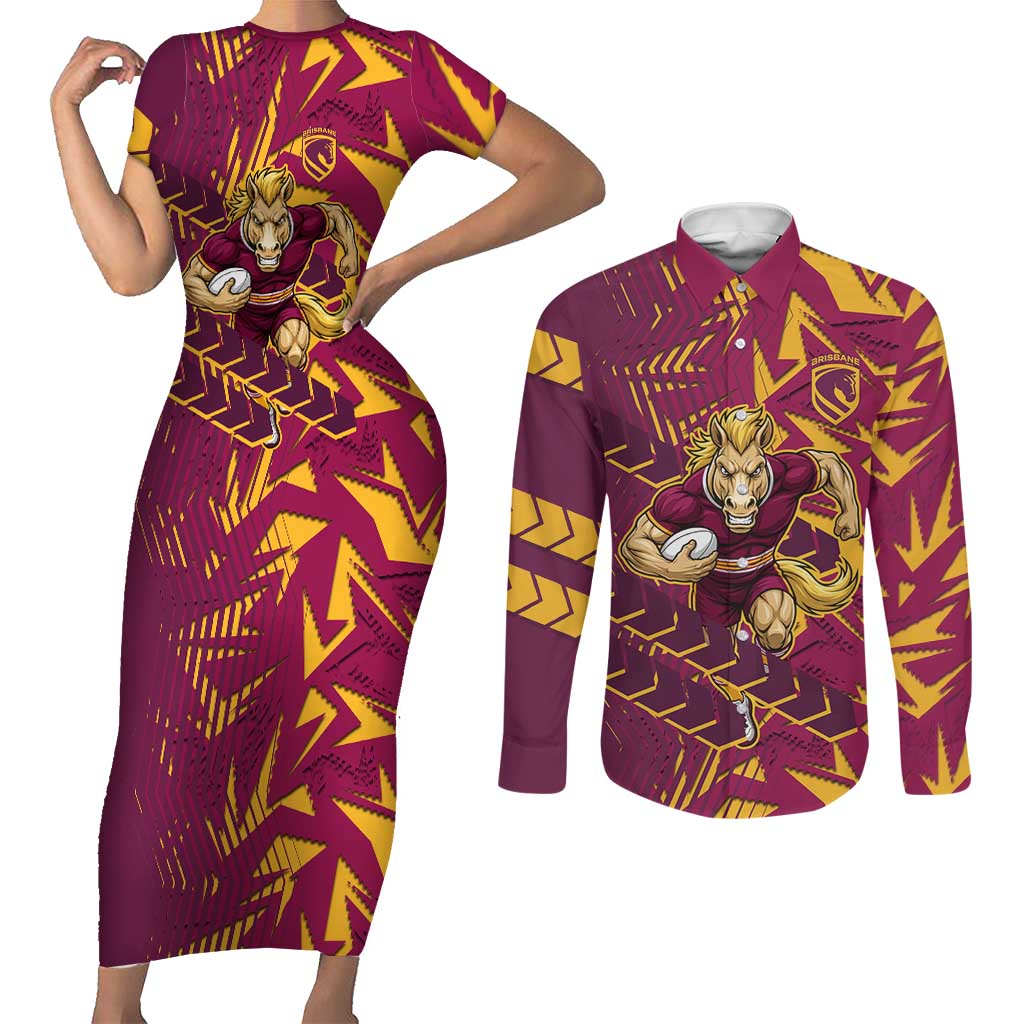 Brisbane Broncos Rugby Couples Matching Short Sleeve Bodycon Dress and Long Sleeve Button Shirt Fierce Mascot Geometric Tribal Art