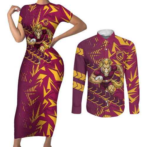 Brisbane Broncos Rugby Couples Matching Short Sleeve Bodycon Dress and Long Sleeve Button Shirt Fierce Mascot Geometric Tribal Art