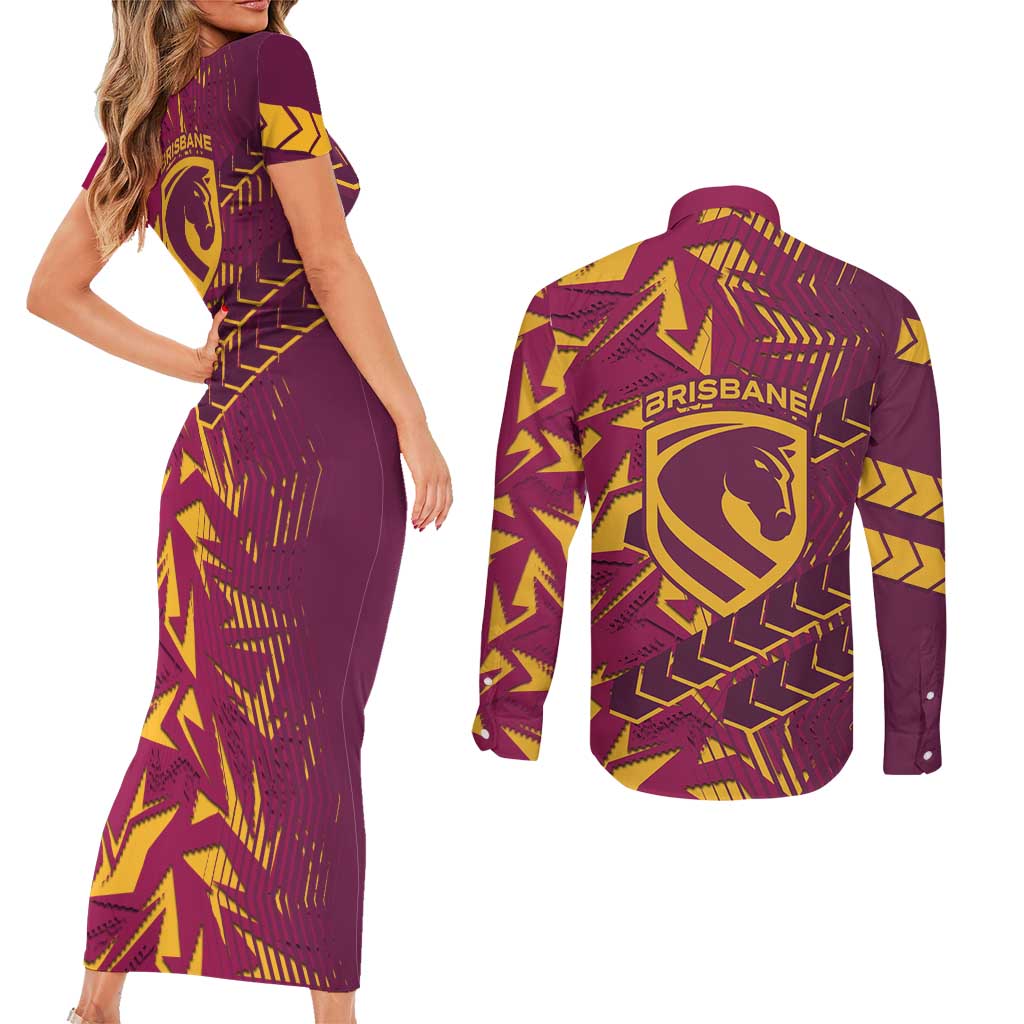 Brisbane Broncos Rugby Couples Matching Short Sleeve Bodycon Dress and Long Sleeve Button Shirt Fierce Mascot Geometric Tribal Art