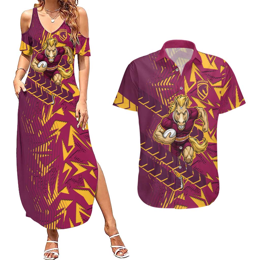 Brisbane Broncos Rugby Couples Matching Summer Maxi Dress and Hawaiian Shirt Fierce Mascot Geometric Tribal Art