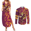 Brisbane Broncos Rugby Couples Matching Summer Maxi Dress and Long Sleeve Button Shirt Fierce Mascot Geometric Tribal Art