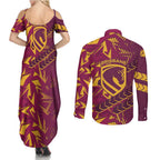 Brisbane Broncos Rugby Couples Matching Summer Maxi Dress and Long Sleeve Button Shirt Fierce Mascot Geometric Tribal Art