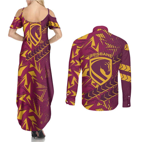Brisbane Broncos Rugby Couples Matching Summer Maxi Dress and Long Sleeve Button Shirt Fierce Mascot Geometric Tribal Art