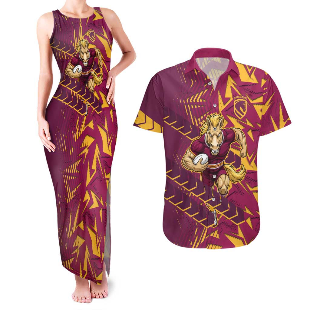Brisbane Broncos Rugby Couples Matching Tank Maxi Dress and Hawaiian Shirt Fierce Mascot Geometric Tribal Art
