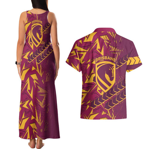 Brisbane Broncos Rugby Couples Matching Tank Maxi Dress and Hawaiian Shirt Fierce Mascot Geometric Tribal Art