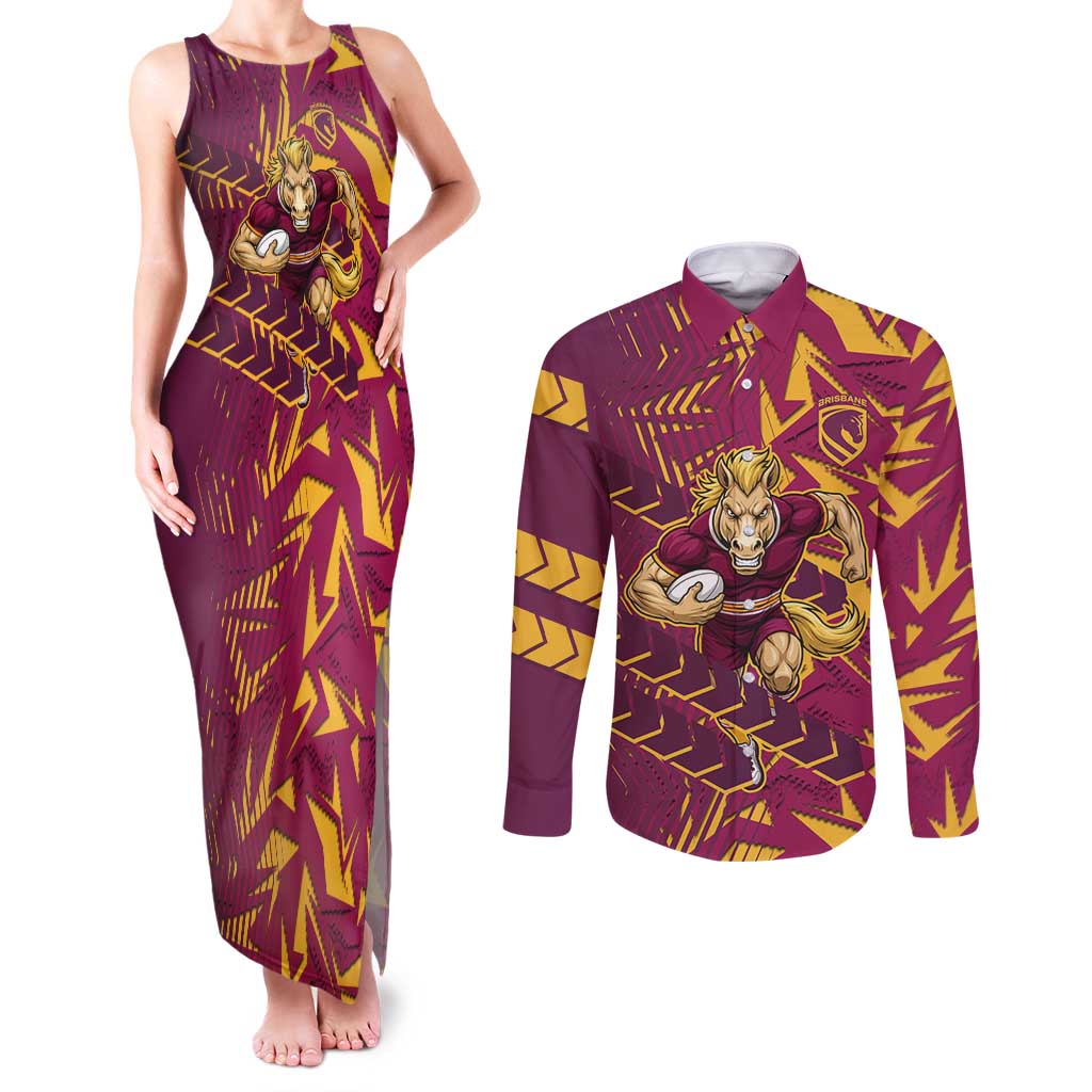 Brisbane Broncos Rugby Couples Matching Tank Maxi Dress and Long Sleeve Button Shirt Fierce Mascot Geometric Tribal Art