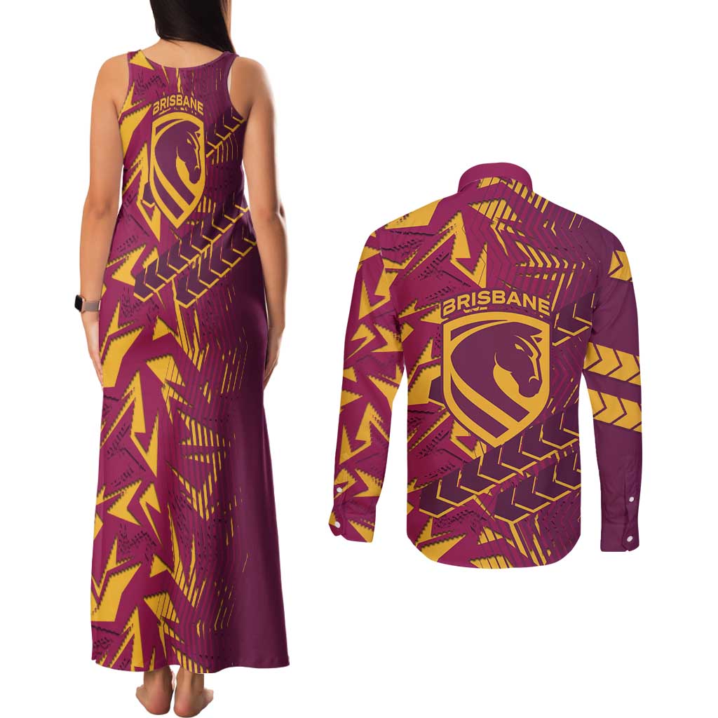 Brisbane Broncos Rugby Couples Matching Tank Maxi Dress and Long Sleeve Button Shirt Fierce Mascot Geometric Tribal Art