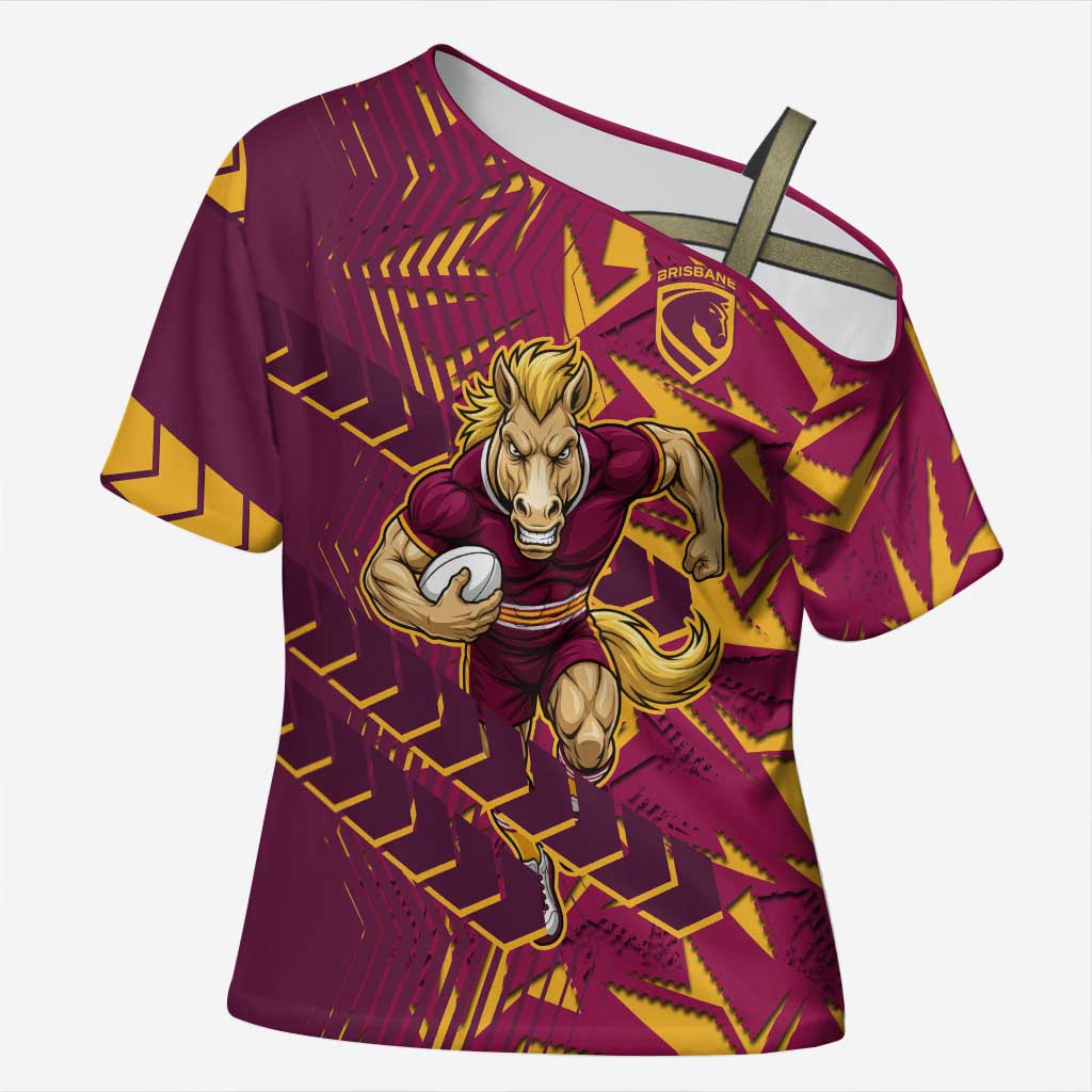 Brisbane Broncos Rugby Cross Shoulder Shirt Fierce Mascot Geometric Tribal Art