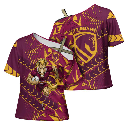 Brisbane Broncos Rugby Cross Shoulder Shirt Fierce Mascot Geometric Tribal Art