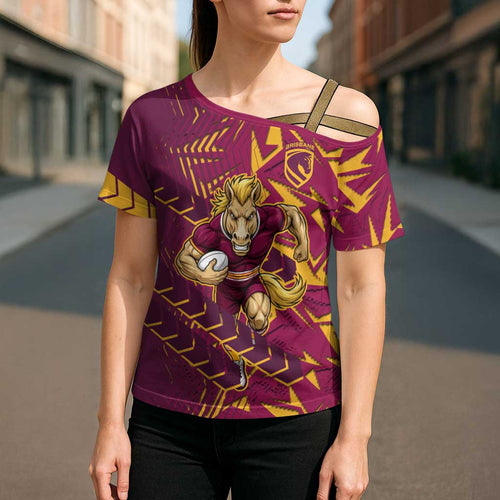 Brisbane Broncos Rugby Cross Shoulder Shirt Fierce Mascot Geometric Tribal Art