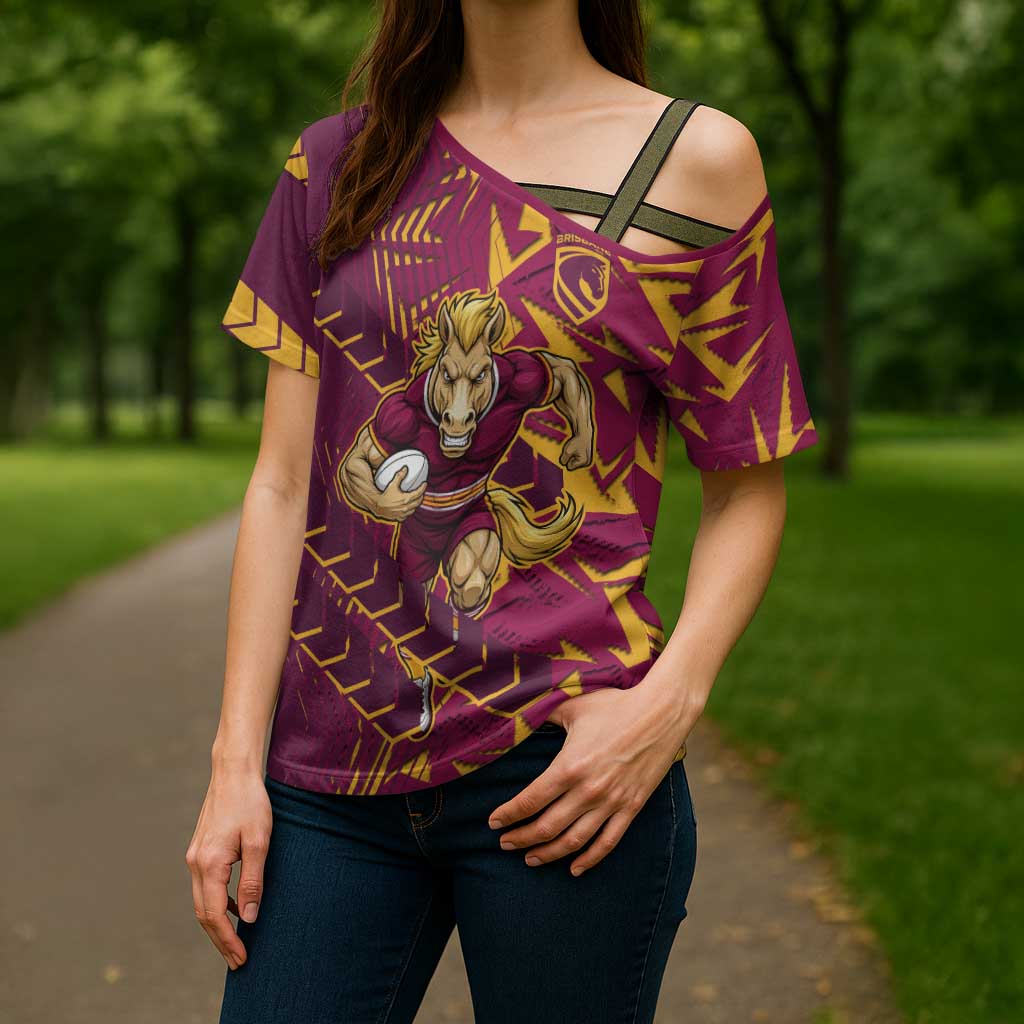 Brisbane Broncos Rugby Cross Shoulder Shirt Fierce Mascot Geometric Tribal Art