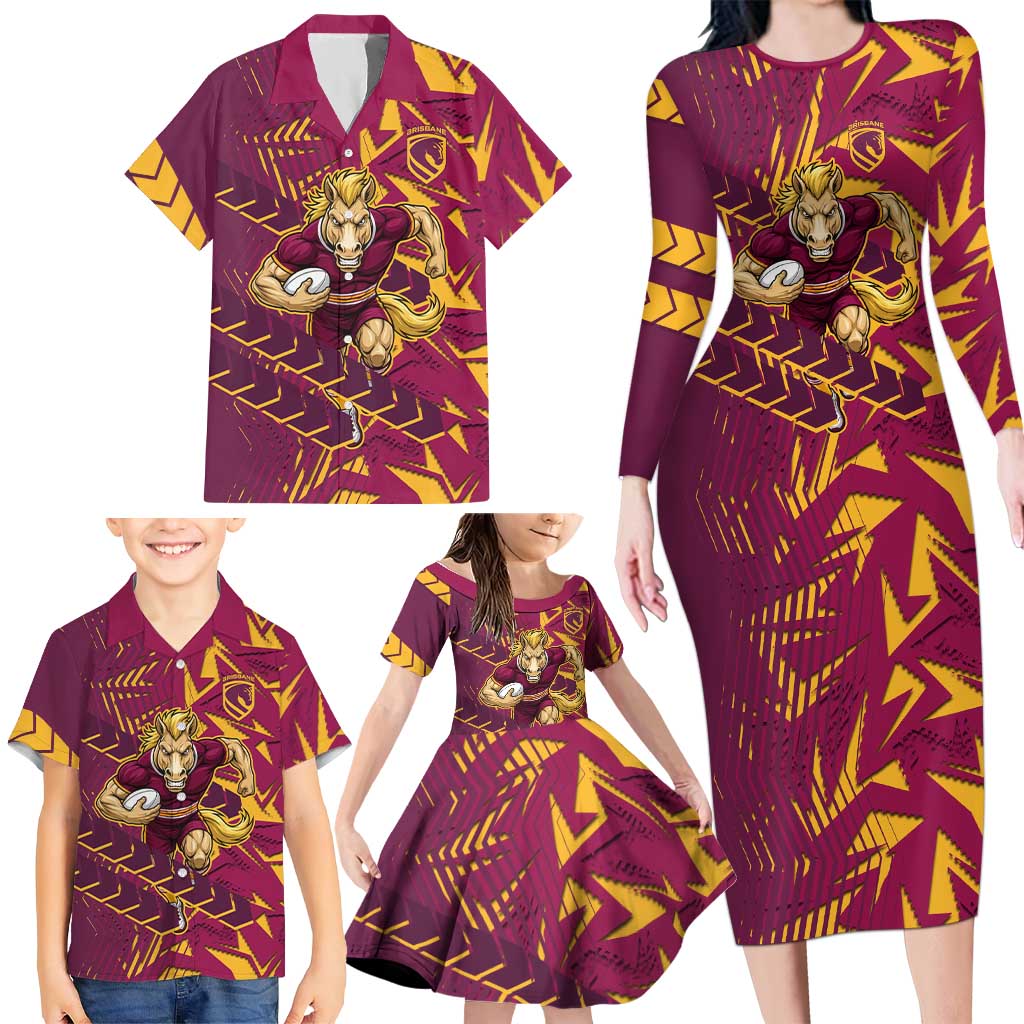 Brisbane Broncos Rugby Family Matching Long Sleeve Bodycon Dress and Hawaiian Shirt Fierce Mascot Geometric Tribal Art