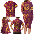 Brisbane Broncos Rugby Family Matching Long Sleeve Bodycon Dress and Hawaiian Shirt Fierce Mascot Geometric Tribal Art