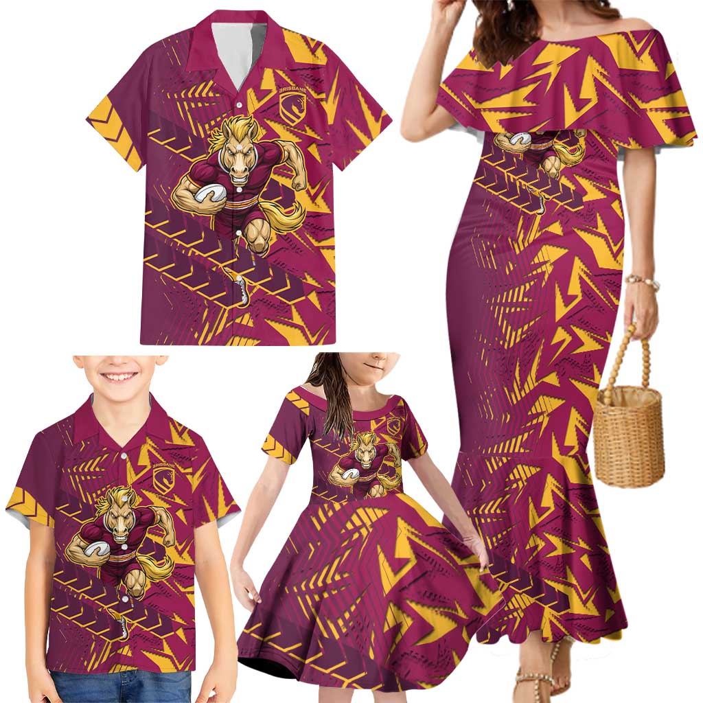 Brisbane Broncos Rugby Family Matching Mermaid Dress and Hawaiian Shirt Fierce Mascot Geometric Tribal Art
