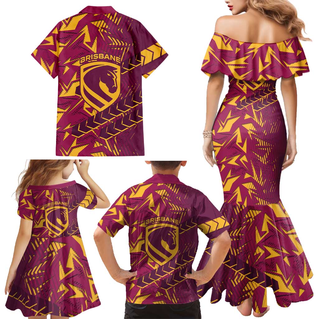 Brisbane Broncos Rugby Family Matching Mermaid Dress and Hawaiian Shirt Fierce Mascot Geometric Tribal Art