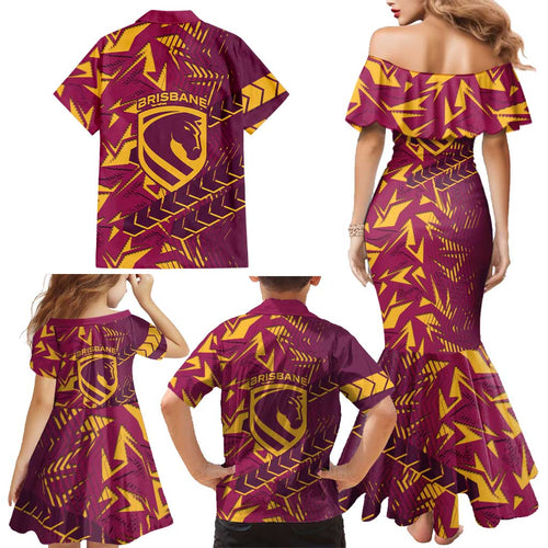 Brisbane Broncos Rugby Family Matching Mermaid Dress and Hawaiian Shirt Fierce Mascot Geometric Tribal Art