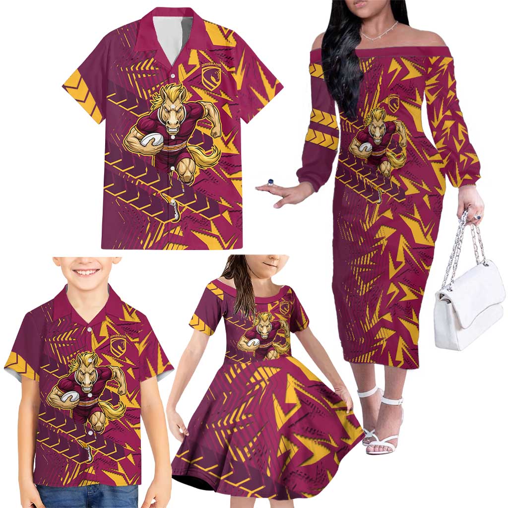 Brisbane Broncos Rugby Family Matching Off The Shoulder Long Sleeve Dress and Hawaiian Shirt Fierce Mascot Geometric Tribal Art