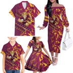 Brisbane Broncos Rugby Family Matching Off The Shoulder Long Sleeve Dress and Hawaiian Shirt Fierce Mascot Geometric Tribal Art