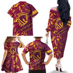 Brisbane Broncos Rugby Family Matching Off The Shoulder Long Sleeve Dress and Hawaiian Shirt Fierce Mascot Geometric Tribal Art