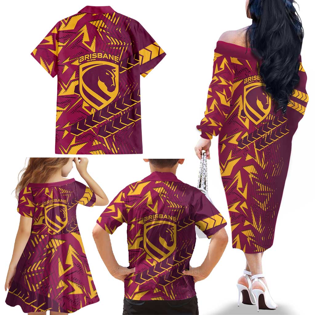 Brisbane Broncos Rugby Family Matching Off The Shoulder Long Sleeve Dress and Hawaiian Shirt Fierce Mascot Geometric Tribal Art
