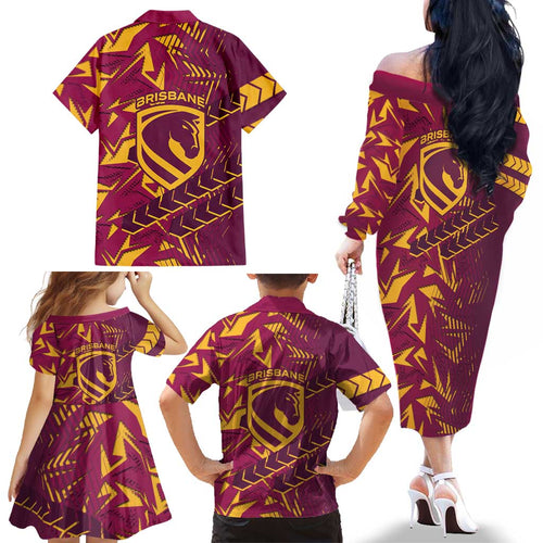 Brisbane Broncos Rugby Family Matching Off The Shoulder Long Sleeve Dress and Hawaiian Shirt Fierce Mascot Geometric Tribal Art