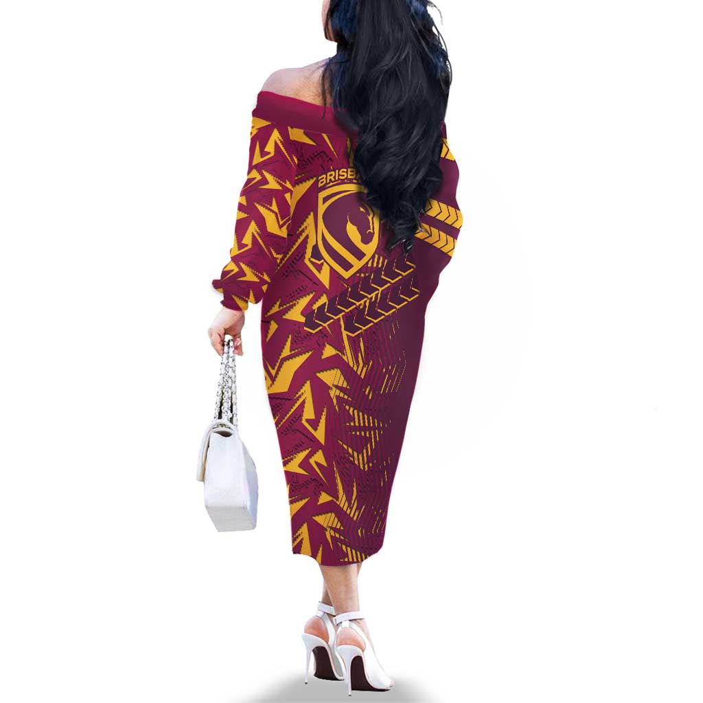 Brisbane Broncos Rugby Family Matching Off The Shoulder Long Sleeve Dress and Hawaiian Shirt Fierce Mascot Geometric Tribal Art