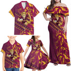Brisbane Broncos Rugby Family Matching Off Shoulder Maxi Dress and Hawaiian Shirt Fierce Mascot Geometric Tribal Art