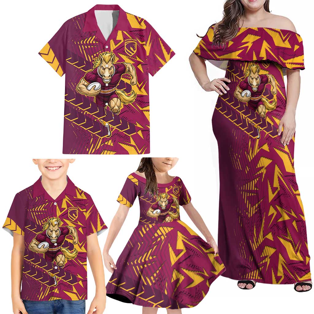 Brisbane Broncos Rugby Family Matching Off Shoulder Maxi Dress and Hawaiian Shirt Fierce Mascot Geometric Tribal Art