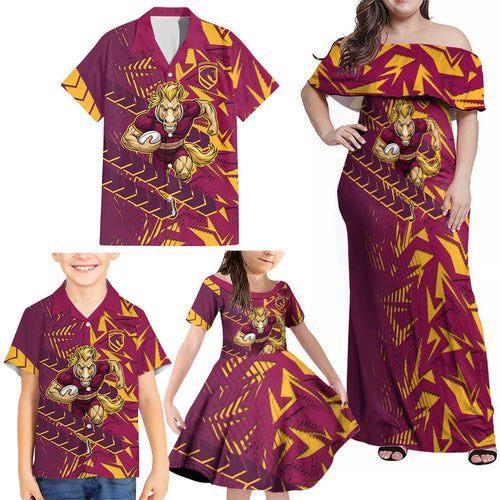 Brisbane Broncos Rugby Family Matching Off Shoulder Maxi Dress and Hawaiian Shirt Fierce Mascot Geometric Tribal Art