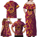 Brisbane Broncos Rugby Family Matching Off Shoulder Maxi Dress and Hawaiian Shirt Fierce Mascot Geometric Tribal Art