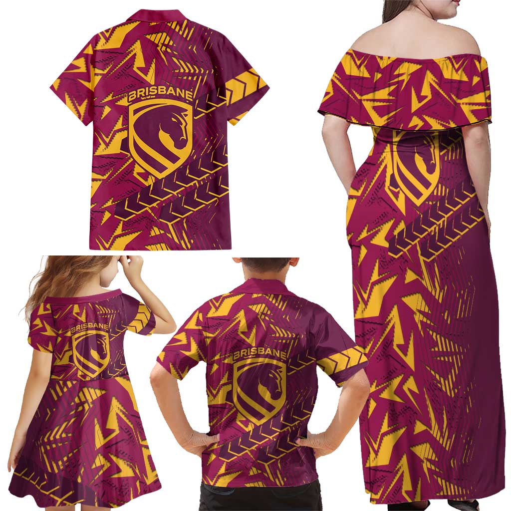 Brisbane Broncos Rugby Family Matching Off Shoulder Maxi Dress and Hawaiian Shirt Fierce Mascot Geometric Tribal Art