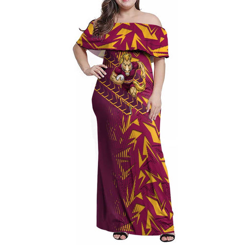 Brisbane Broncos Rugby Family Matching Off Shoulder Maxi Dress and Hawaiian Shirt Fierce Mascot Geometric Tribal Art