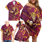 Brisbane Broncos Rugby Family Matching Off Shoulder Short Dress and Hawaiian Shirt Fierce Mascot Geometric Tribal Art