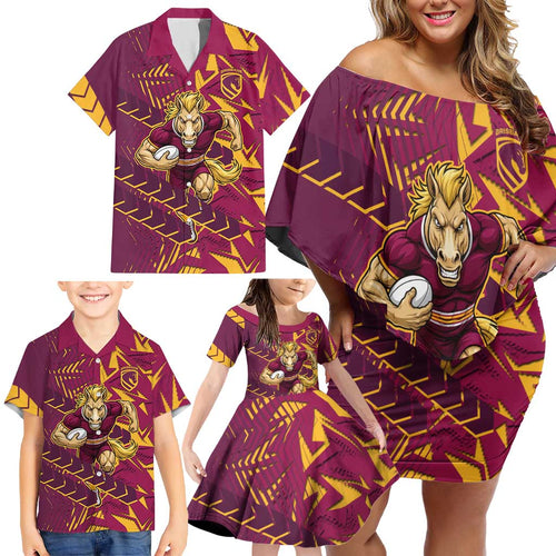 Brisbane Broncos Rugby Family Matching Off Shoulder Short Dress and Hawaiian Shirt Fierce Mascot Geometric Tribal Art