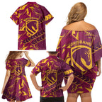 Brisbane Broncos Rugby Family Matching Off Shoulder Short Dress and Hawaiian Shirt Fierce Mascot Geometric Tribal Art