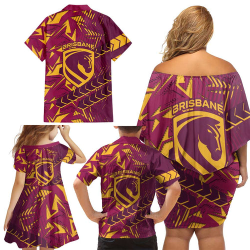 Brisbane Broncos Rugby Family Matching Off Shoulder Short Dress and Hawaiian Shirt Fierce Mascot Geometric Tribal Art