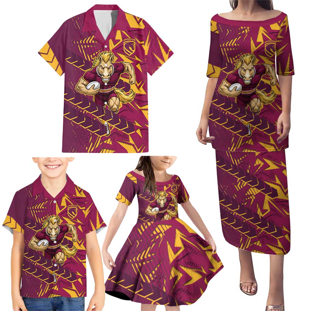 Brisbane Broncos Rugby Family Matching Puletasi and Hawaiian Shirt Fierce Mascot Geometric Tribal Art