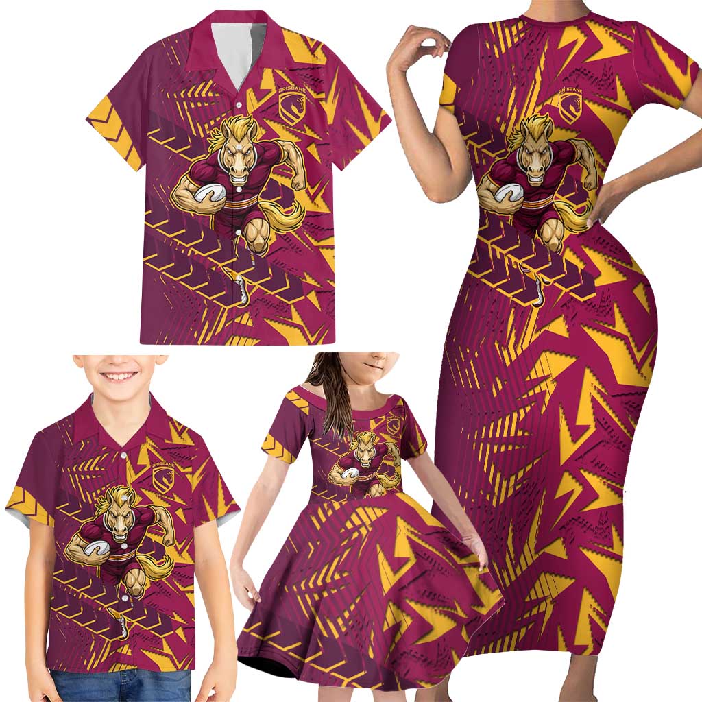 Brisbane Broncos Rugby Family Matching Short Sleeve Bodycon Dress and Hawaiian Shirt Fierce Mascot Geometric Tribal Art