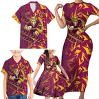 Brisbane Broncos Rugby Family Matching Short Sleeve Bodycon Dress and Hawaiian Shirt Fierce Mascot Geometric Tribal Art