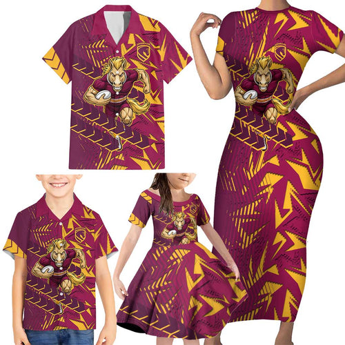 Brisbane Broncos Rugby Family Matching Short Sleeve Bodycon Dress and Hawaiian Shirt Fierce Mascot Geometric Tribal Art