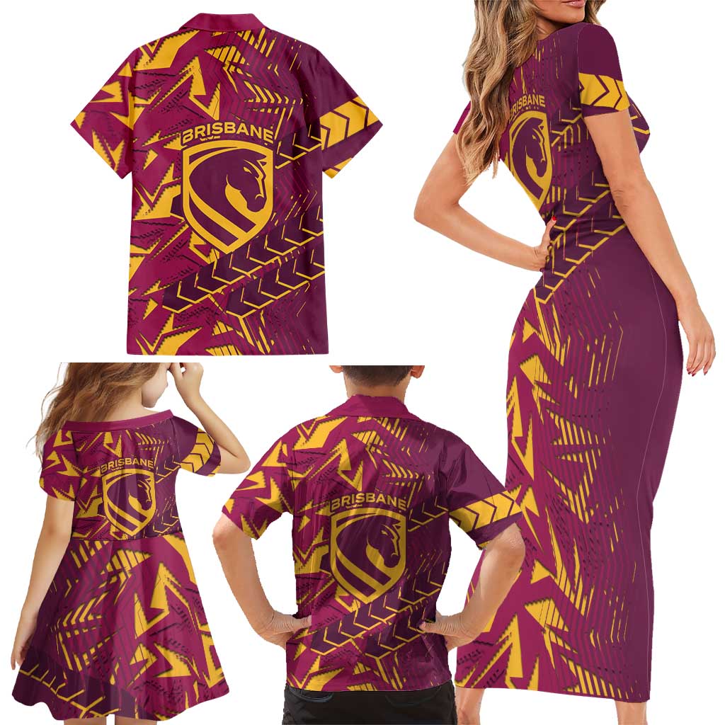 Brisbane Broncos Rugby Family Matching Short Sleeve Bodycon Dress and Hawaiian Shirt Fierce Mascot Geometric Tribal Art